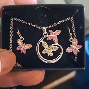 Avon Pink and Silver Butterfly Necklace Set